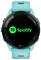 Vorderansicht einer türkisfarbenen Garmin Smartwatch mit dem Spotify-Logo und Namen auf einem schwarzen Bildschirm.
