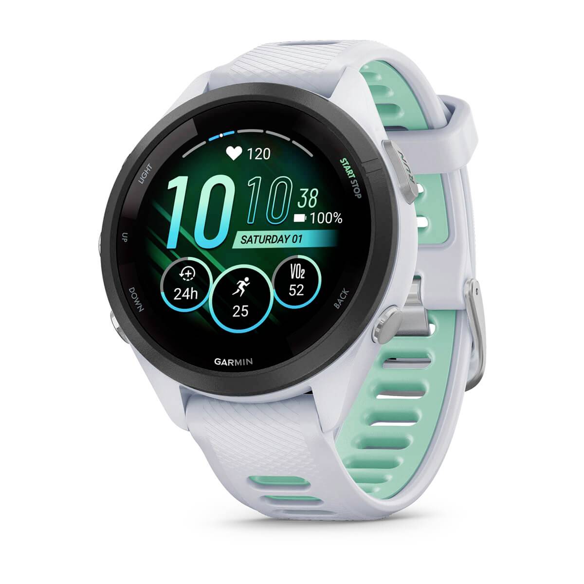 Garmin-Smartwatch mit weißem und blaugrünem Armband, zeigt ein digitales Zifferblatt mit der Zeit 10:10, Herzfrequenz 120, Akku 100% und Aktivitätsmetriken.