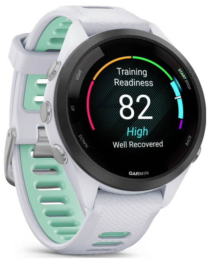 Garmin-Smartwatch zeigt "Training Readiness 82" mit Status "Hoch" und "Gut erholt" auf einem weiß-türkisen Sportarmband an.