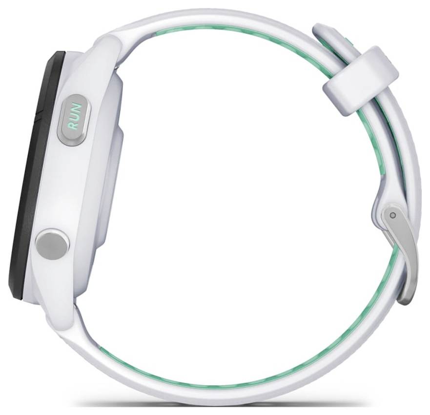 Weiße Smartwatch mit schwarzem rechteckigem Display, grünen inneren Akzenten und einer seitlichen „RUN"-Taste, shown in profile on a white background.