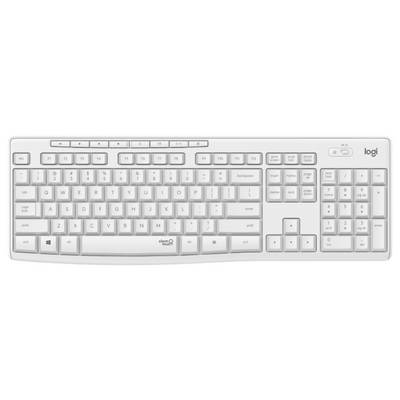 Weiße Logitech-Vollsize-Wireless-Tastatur mit numerischem Tastenfeld, Funktionstasten und Pfeiltasten auf hellem Hintergrund.