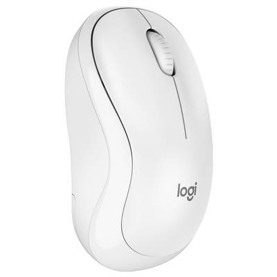 Weiße kabellose Logitech-Computermaus mit Scrollrad und "logi"-Logo, dargestellt vor einem einfachen Hintergrund.