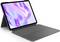 Tablet mit abnehmbarer Tastatur und Ständer, dargestellt im offenen Zustand im Laptop-Modus mit violetter abstrakter Bildschirmanzeige.