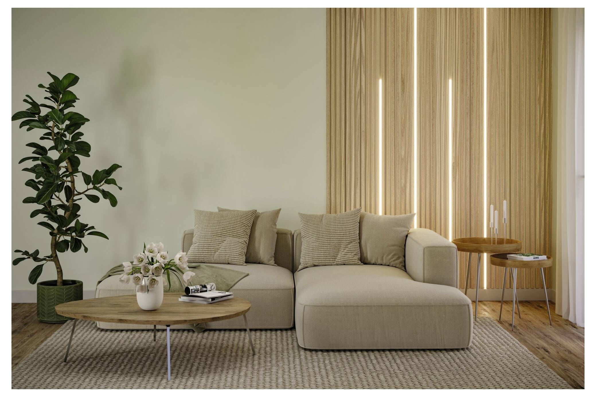 Modernes Wohnzimmer mit beige Ecksofa, rundem Holz-Couchtisch, Topfpflanze und Holzlattentwand mit vertikalen Lichtern