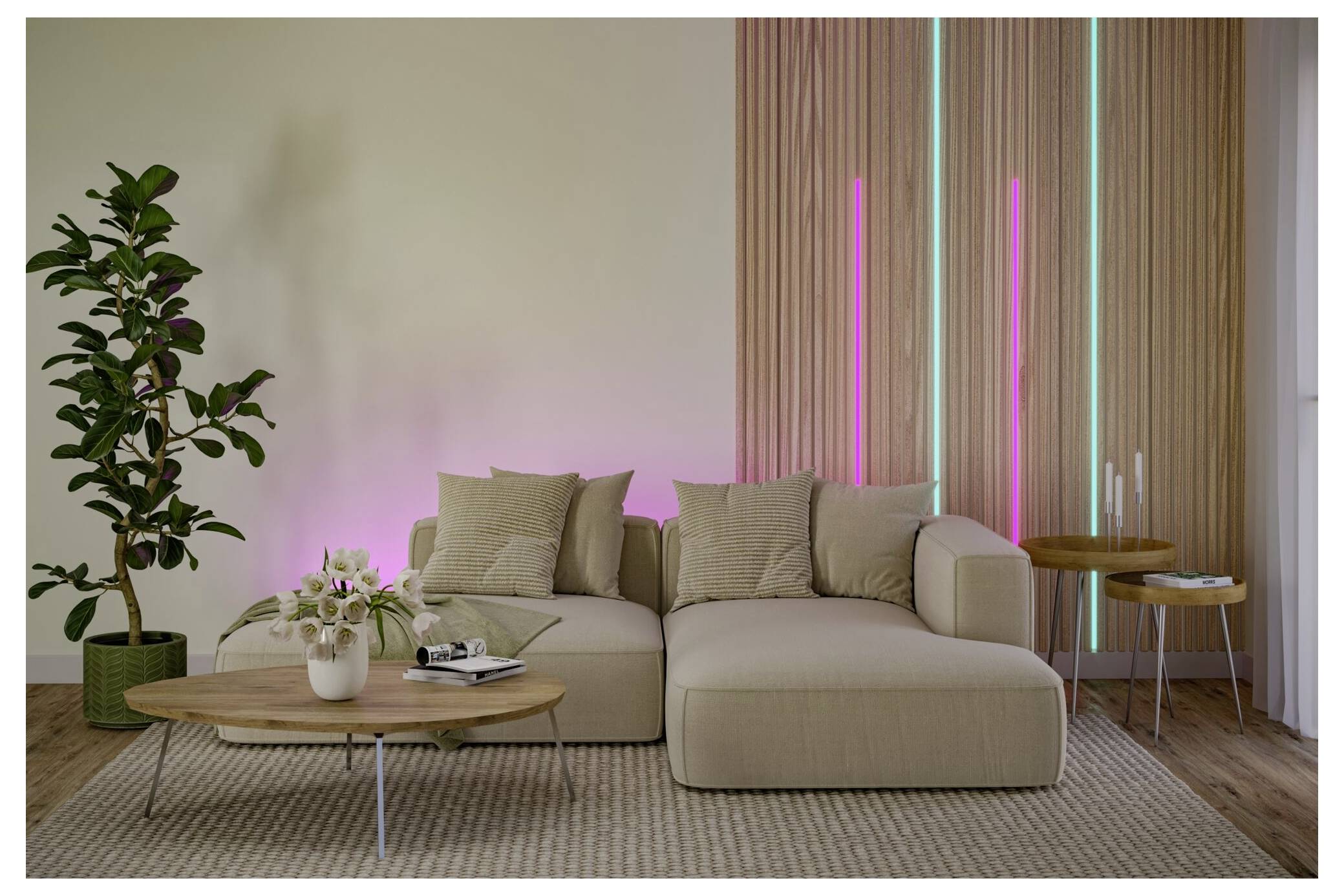 Modernes beigefarbenes Ecksofa in einem stilvollem Wohnzimmer mit einem Couchtisch, einer Topfpflanze und rosa- und türkisfarbener Akzentbeleuchtung auf Holzlatten.
