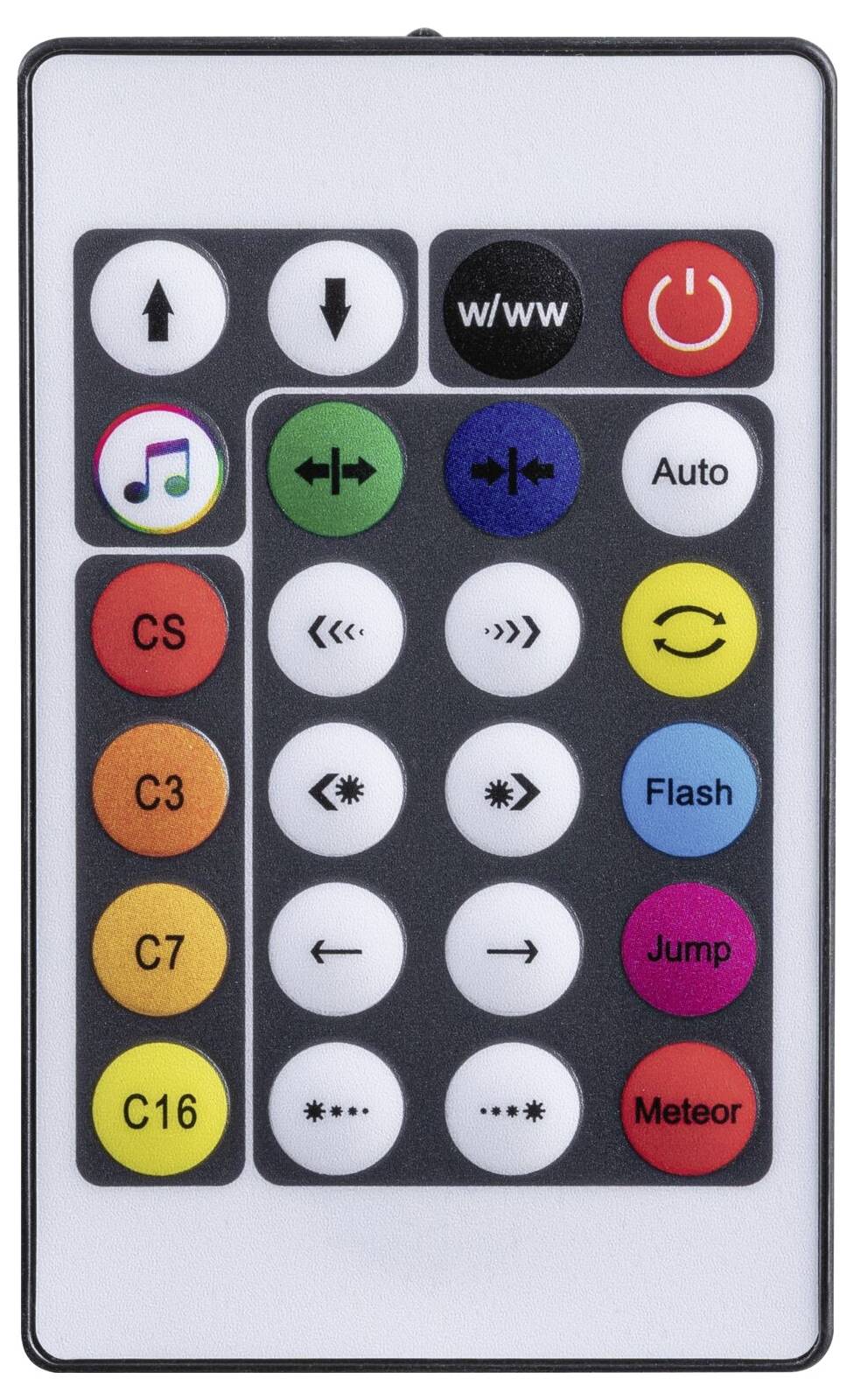 Fernbedienung mit runden Tasten für Stromversorgung, Musik, Auto, Blitz, Sprung, Meteor, Farbvoreinstellungen und Richtungspfeile.