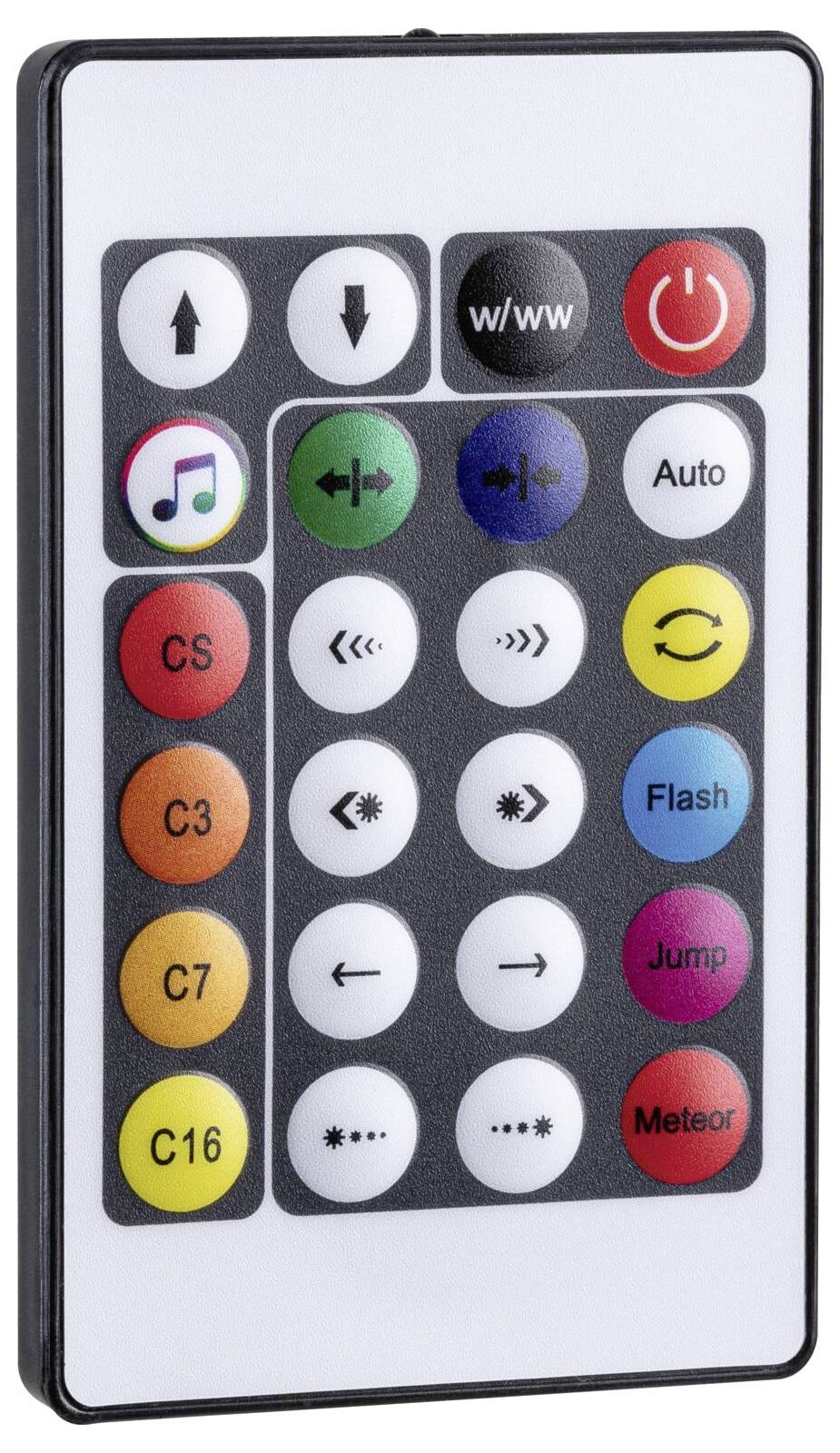 Eine tragbare Fernbedienung mit farbigen runden Tasten für Musik, Modi, Automatik, Blitz, Sprung, Meteor und Deckenventilator-Geschwindigkeiten C3, C7, C16.