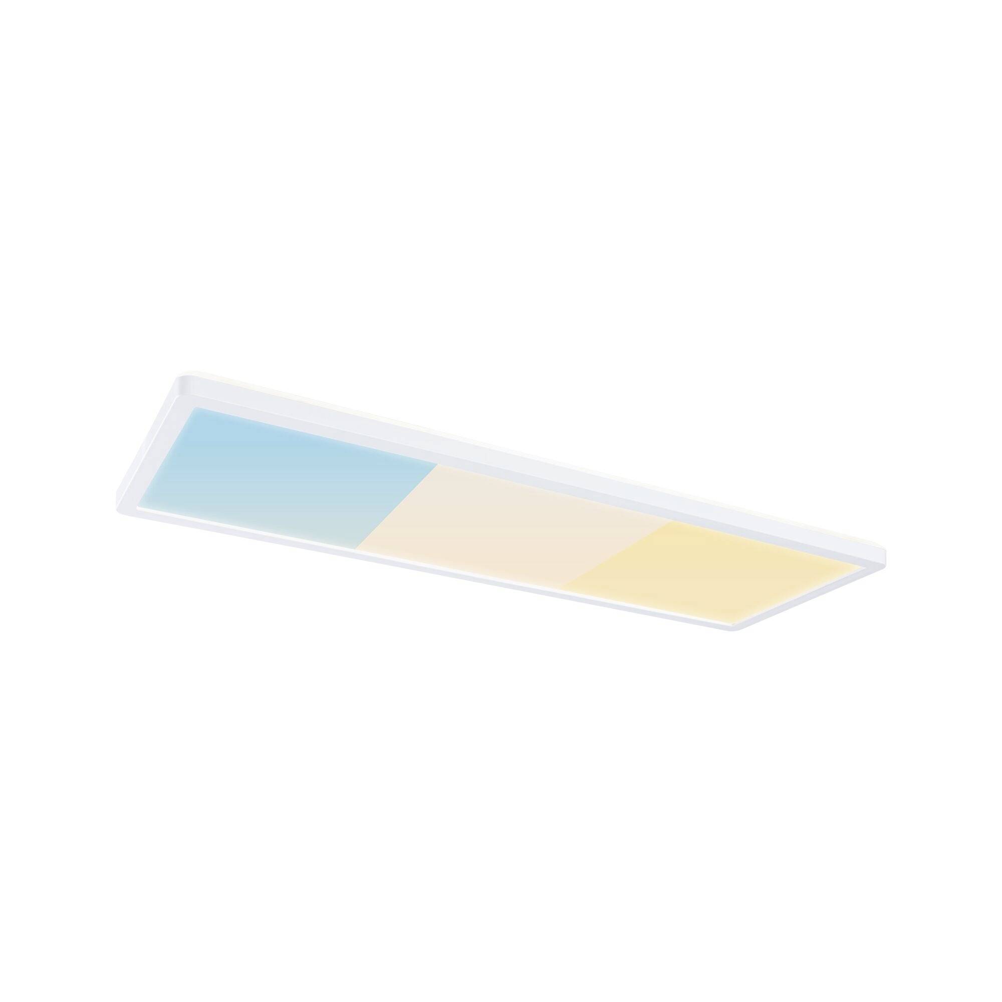 Rechteckige Deckenleuchte mit drei farbigen Paneelen: blau, creme und gelb.