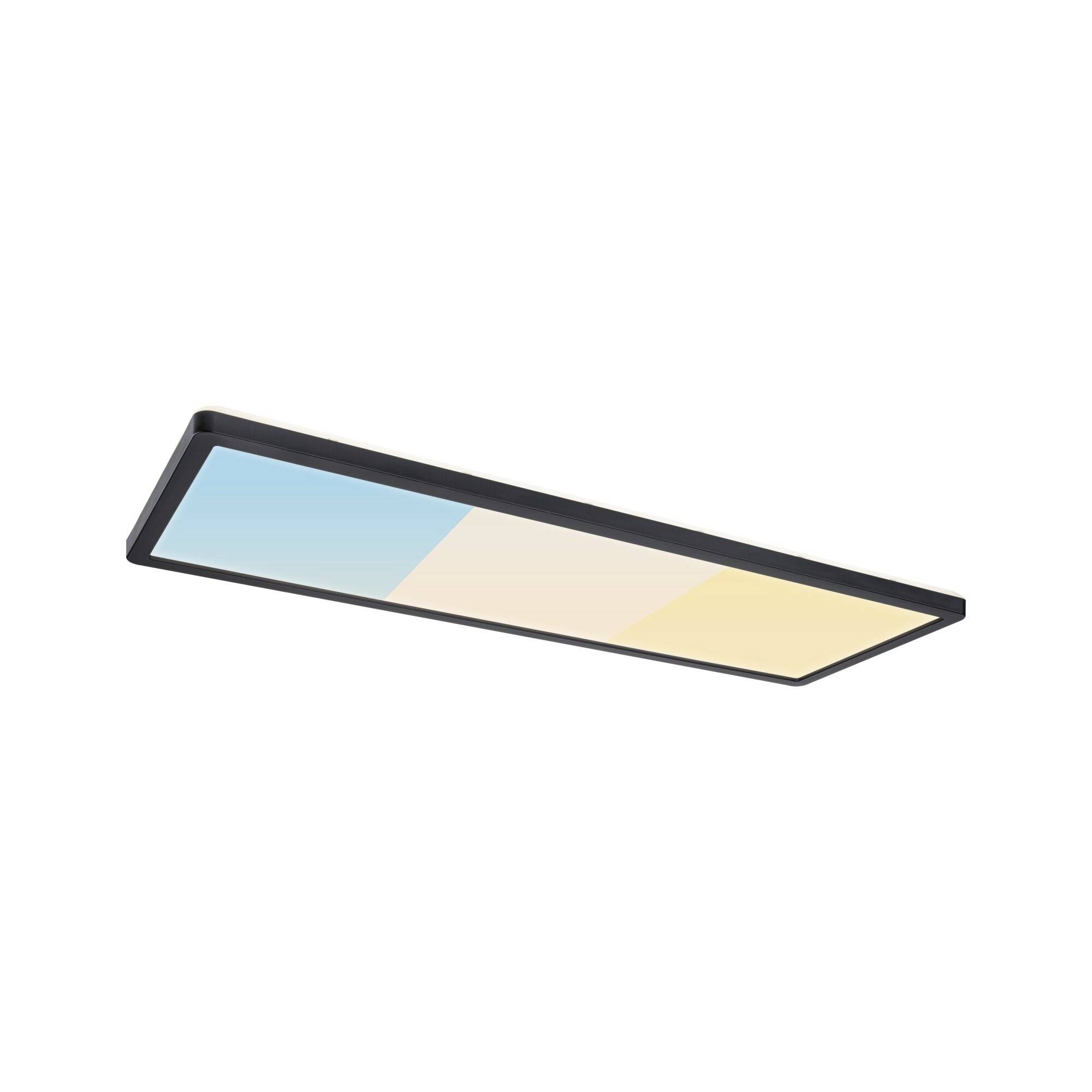 Rechteckiges Decken-LED-Leuchtpanel mit schwarzem Rahmen und sanftem blauem bis warmweißem Glühen auf einem einfachen weißen Hintergrund.