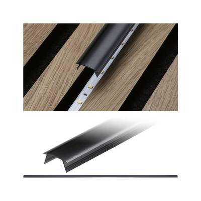 Übergangsprofil aus schwarzem Metall und silbernem Boden, das zwischen Holzdielen installiert ist, mit separater Produktansicht unten.
