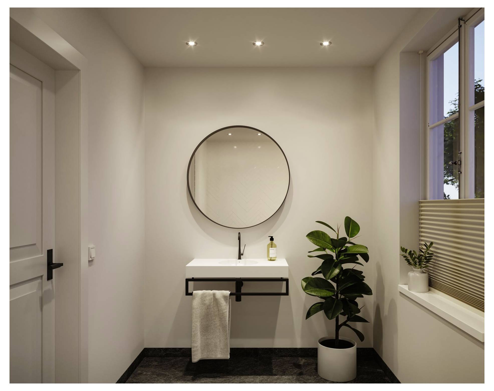 Modernes minimalistisches Badezimmer mit wandmontiertem Waschbecken, rundem Spiegel, Handtuch, Topfpflanze und Fenster mit Jalousien.