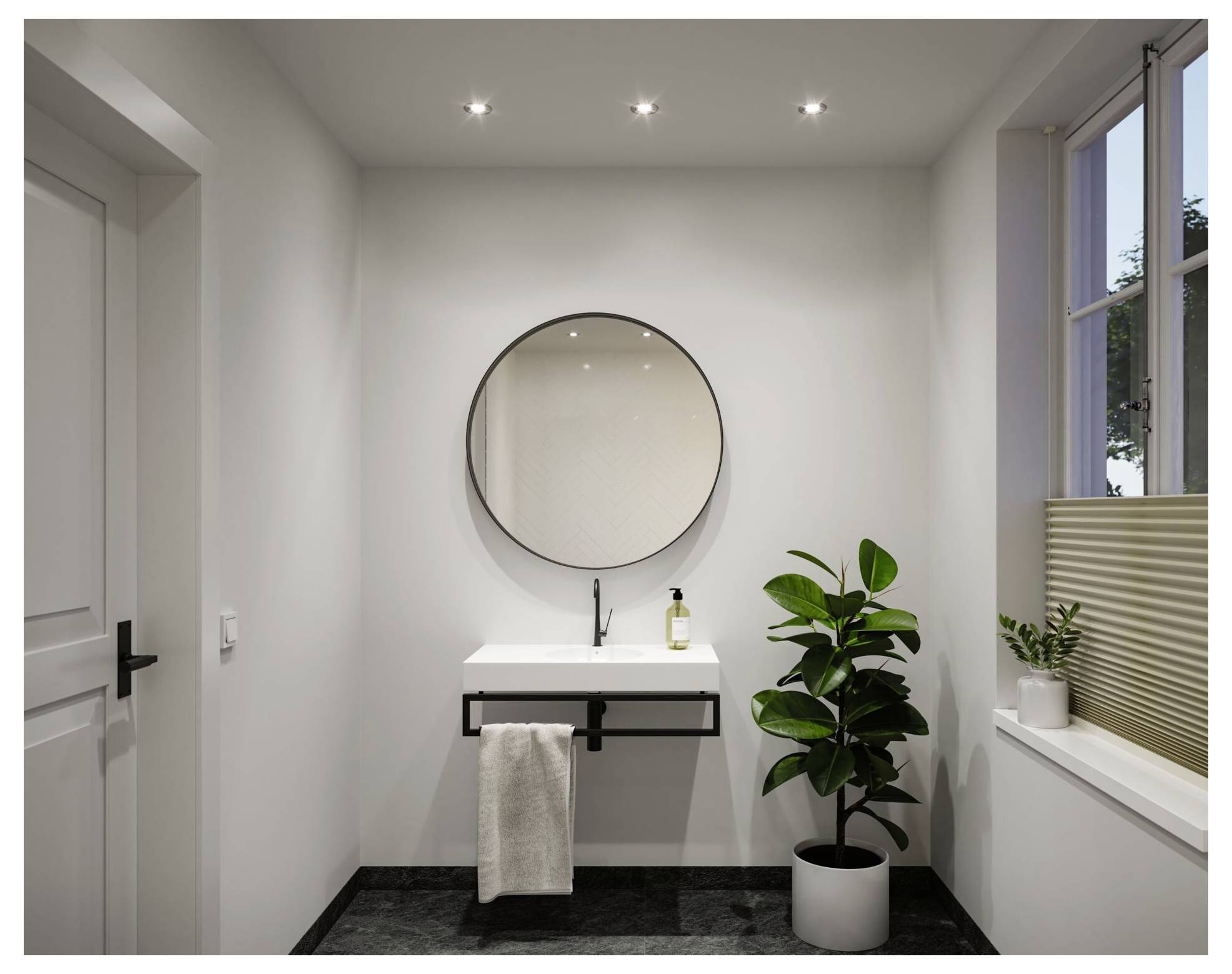 Minimales modernes Badezimmer mit Waschtisch in Wandmontage, rundem Spiegel, Handtuch, Topfpflanze und Fenster mit Jalousien.