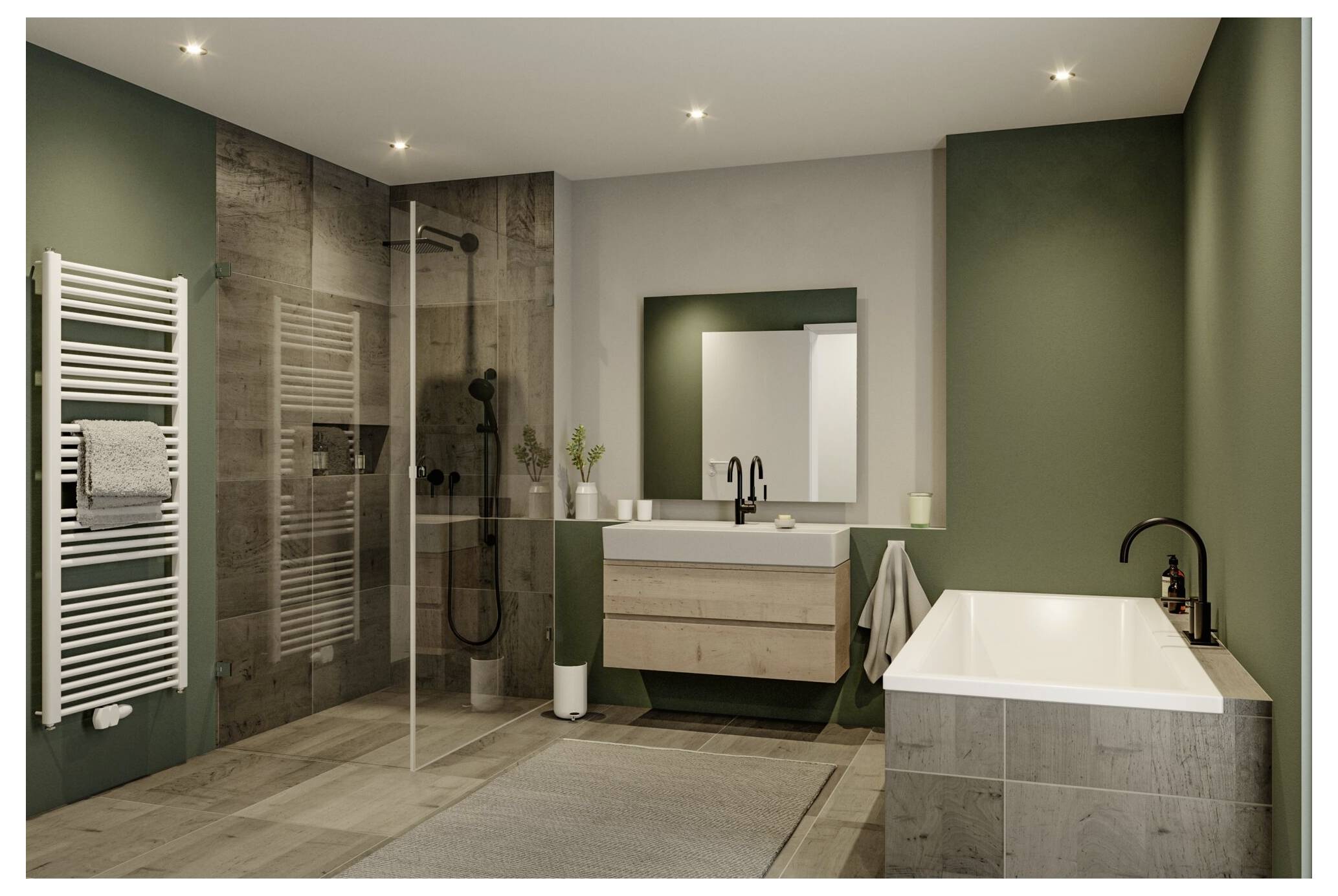 Modernes Badezimmer mit grünen Wänden, ebenerdiger Dusche, Doppelwaschtisch, Handtuchheizkörper und freistehender Badewanne auf der rechten Seite.