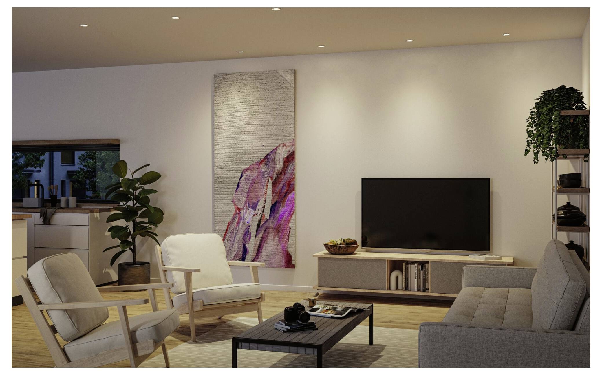 Modernes Wohnzimmer mit Sofa, zwei Sesseln, Couchtisch, Fernsehkonsole, Pflanzen und abstrakter Wandkunst in warmer Beleuchtung.