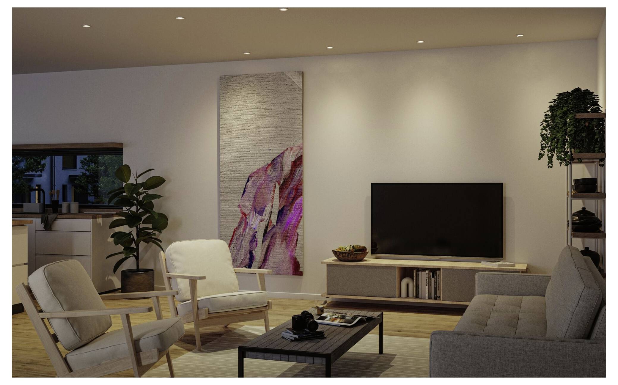 Modernes Wohnzimmer mit einem Sofa, zwei Sesseln, Couchtisch, Fernsehtisch, Pflanzen und einem großen abstrakten Wandgemälde.