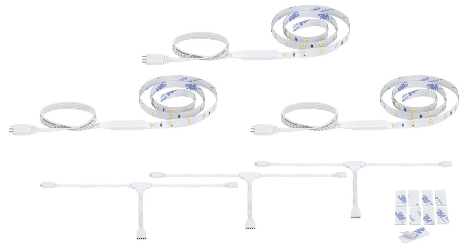 Darstellung von flexiblen weißen LED-Lichtstreifen mit Klebebeschichtung, Steckverbindern, Verlängerungskabeln und Montageklammern, die als Produktset angeordnet sind.