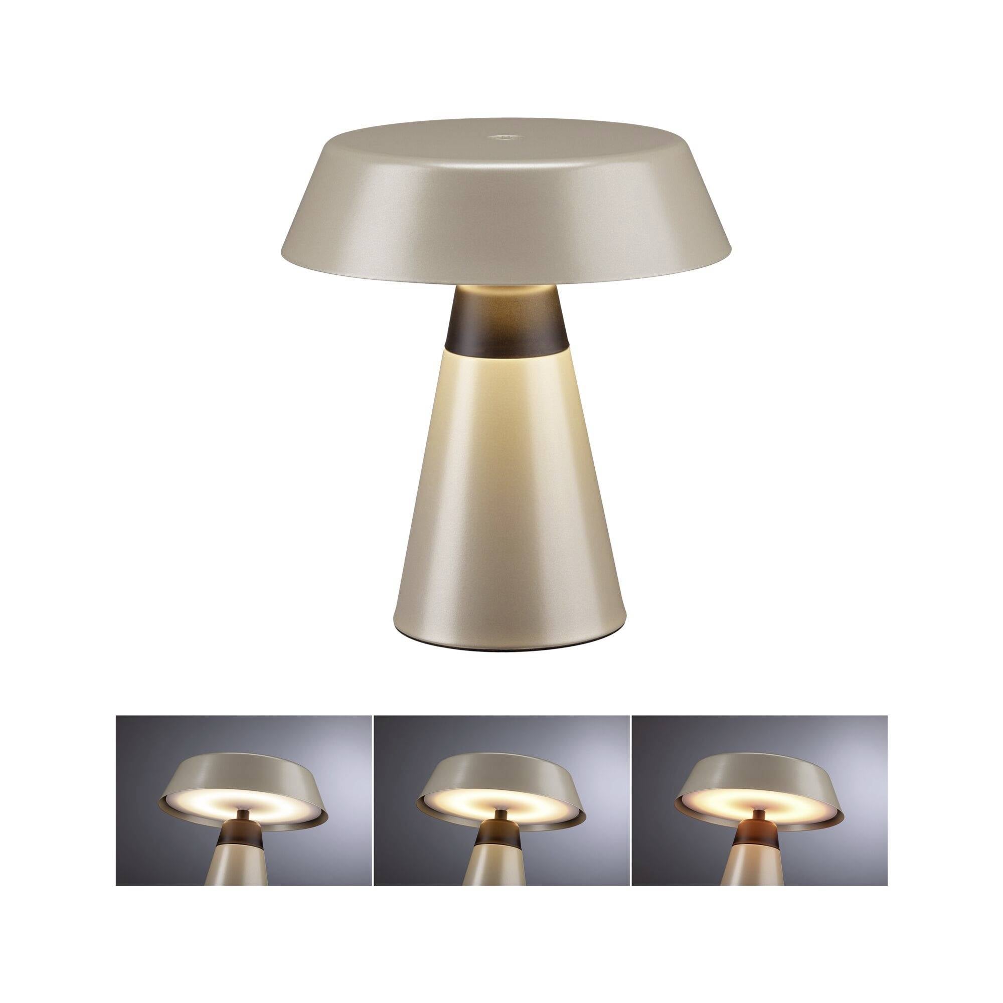 Eine moderne pilzförmige Tischlampe in Beige und Braun, dargestellt in einer Hauptansicht mit Licht an, zusammen mit drei kleineren Fotos seiner leuchtenden Lichteinstellungen.