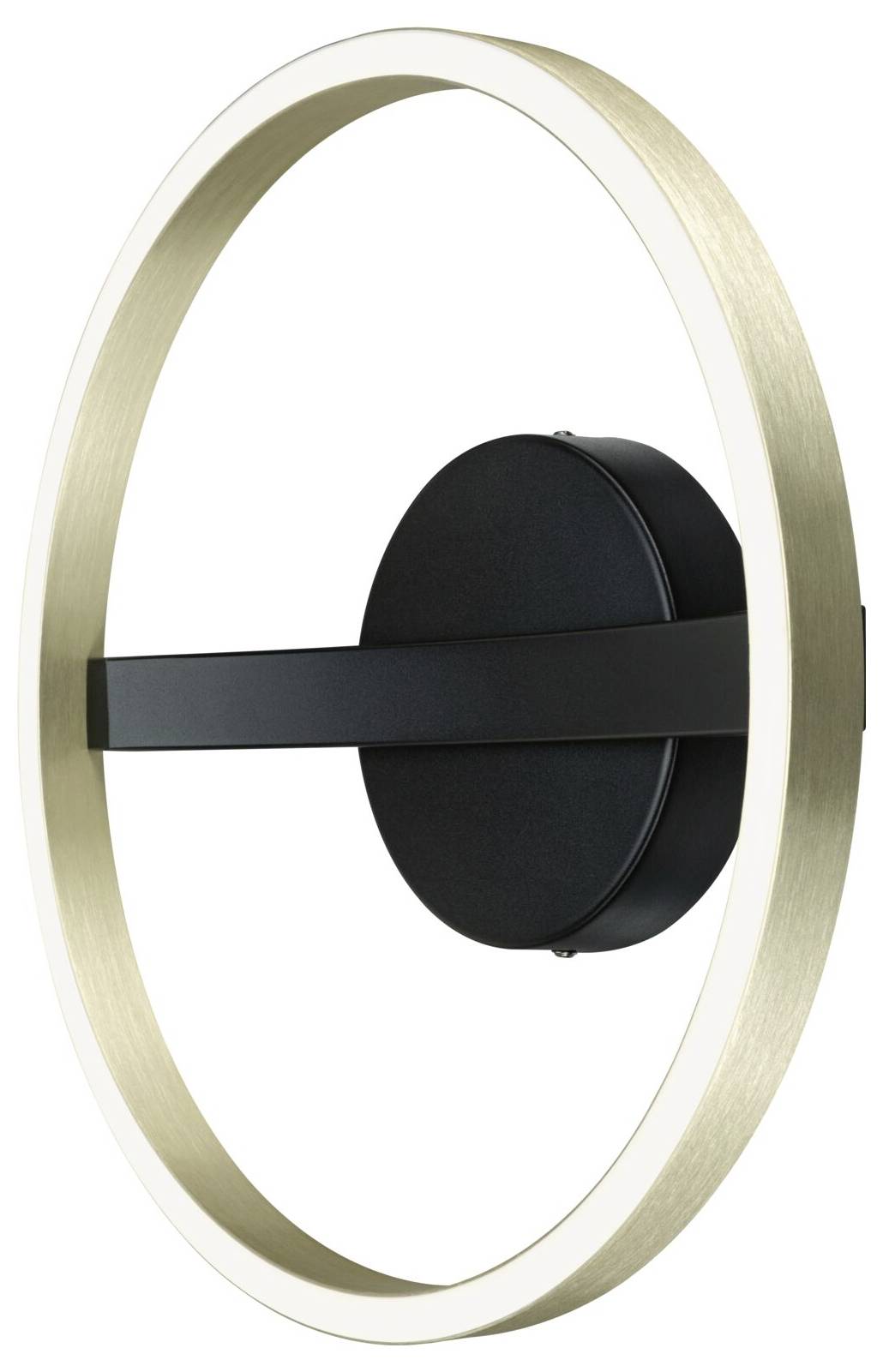 Moderne Wandleuchte mit einem großen goldenen Kreisring und einer schwarzen zentralen Halterung mit horizontalem Balken auf weißem Hintergrund.