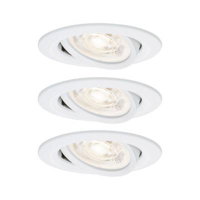 Drei eingelassene Deckendownlights mit weißem Rahmen, jede zeigt eine verstellbare runde Leuchte auf weißem Hintergrund.