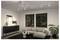Modernes Wohnzimmer mit hellgrauem Ecksofa, schwarzem Sideboard mit Kunst und Skulptur, großen Fenstern, Topfpflanze und Schienensystem-Beleuchtung.