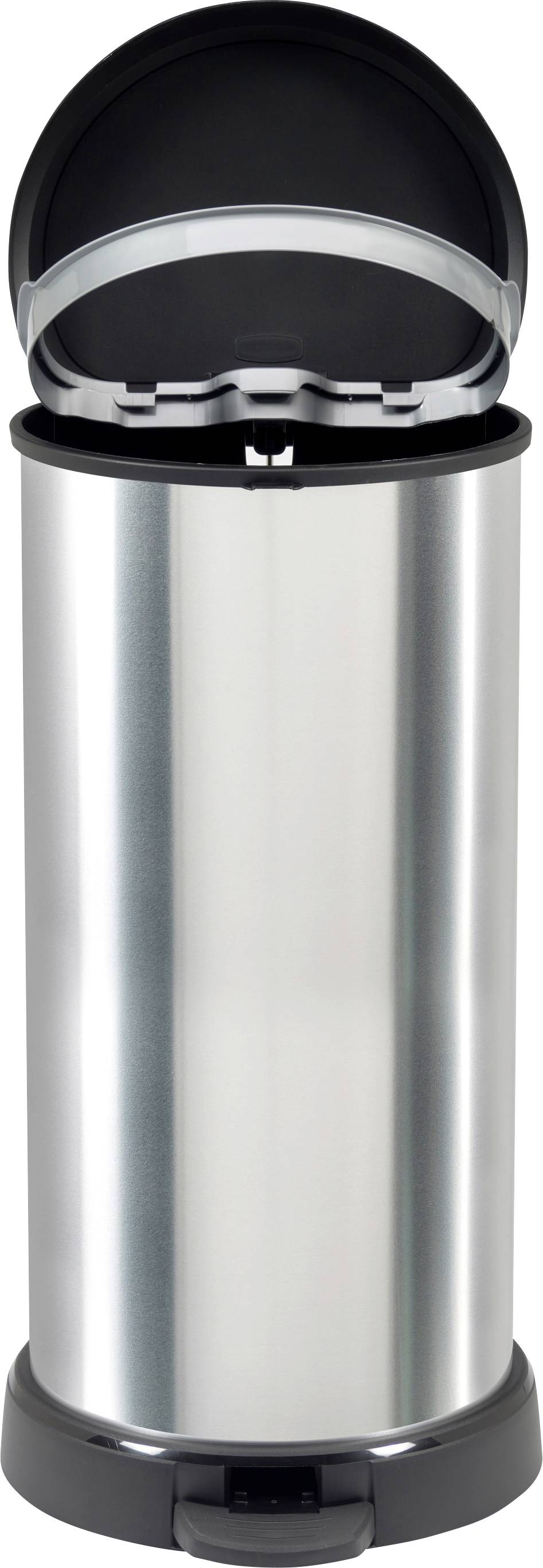 Edelstahl-Schwingdeckel-Mülleimer mit offener Klappe, Vorderansicht auf weißem Hintergrund.