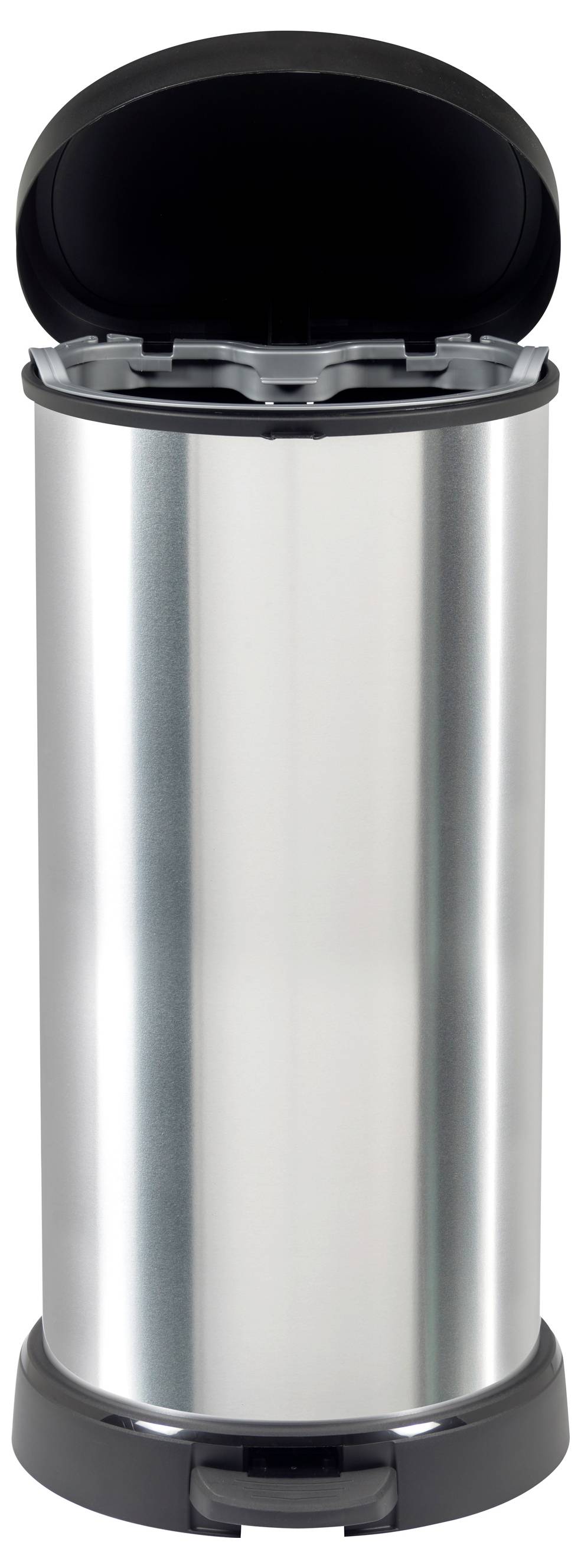 Edelstahl-Treteimer mit offenstem schwarzem Deckel und Fußpedal, Vorderansicht gezeigt.