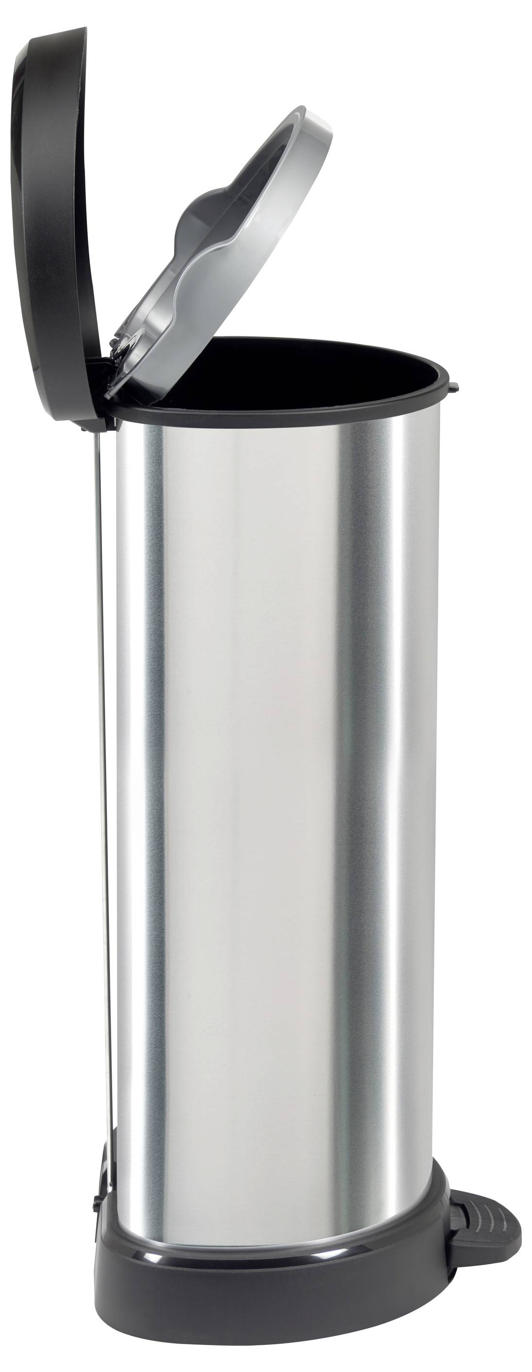 Abfallbehälter aus Edelstahl mit Trittmechanismus und offenem Deckel, in Seitenansicht auf weißem Hintergrund dargestellt.