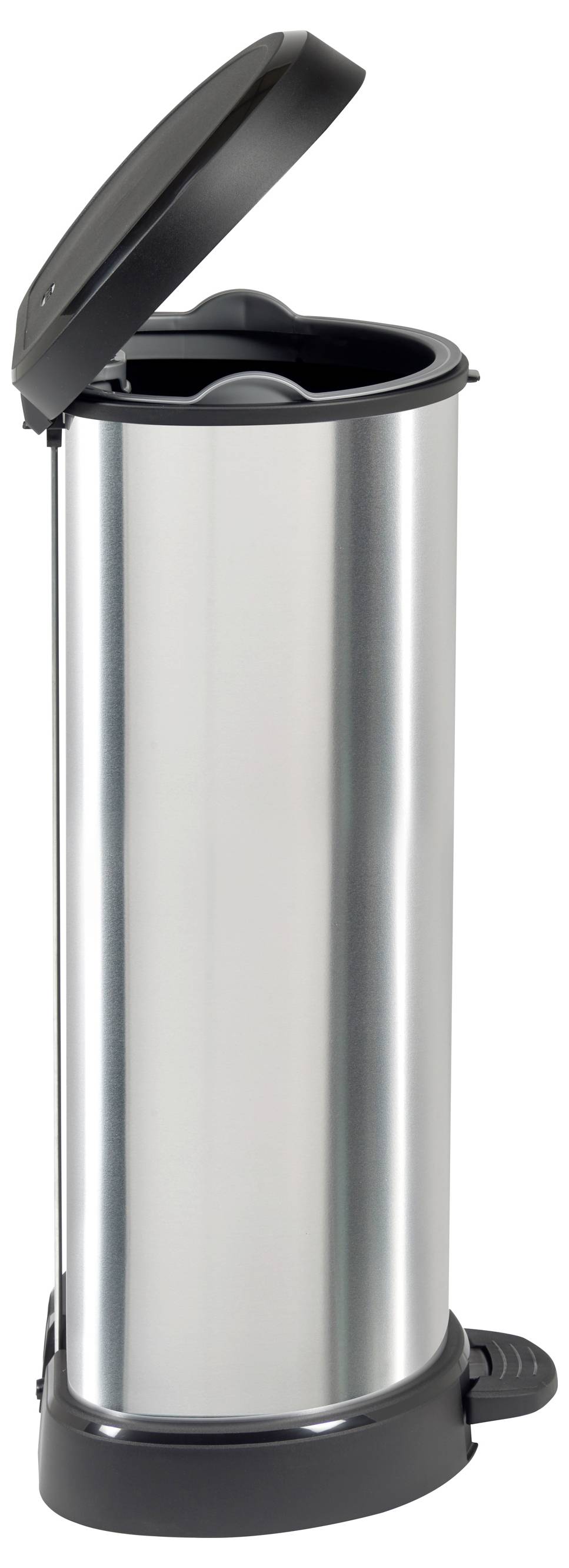 Edelstahl-Treteimer mit Deckel offen, zeigt den inneren Behälter und das Fußpedal auf schwarzer Basis.