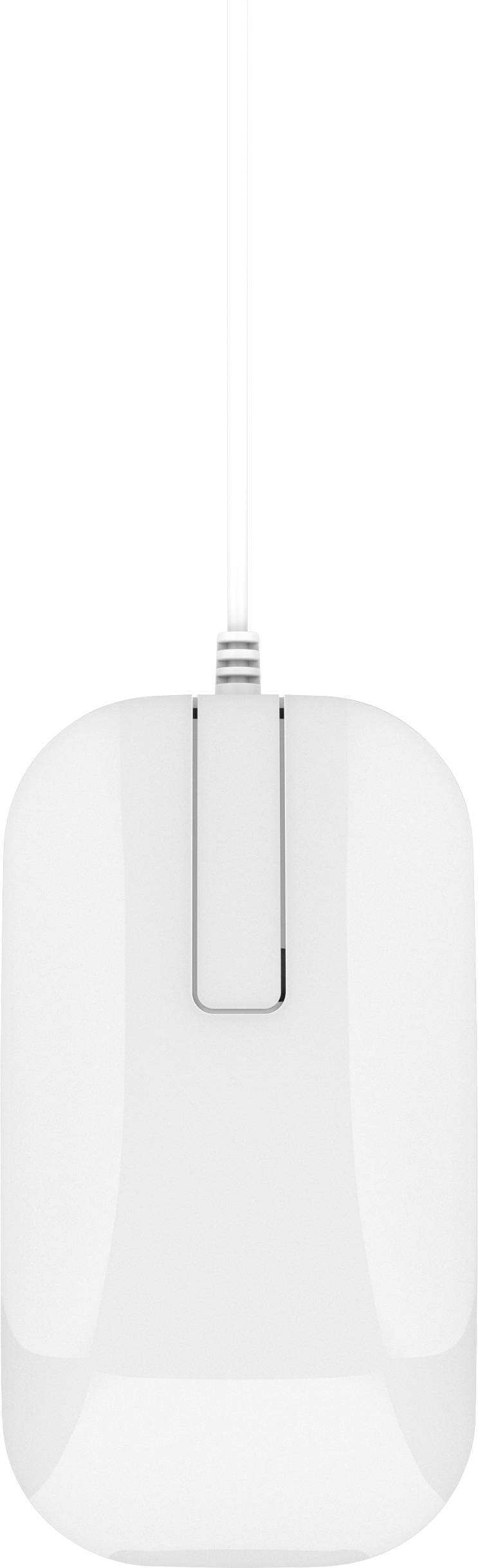 Weiße schnurgebundene Computermaus von oben betrachtet, mit zentralem Scrollrad und Kabel, das oben eintritt.