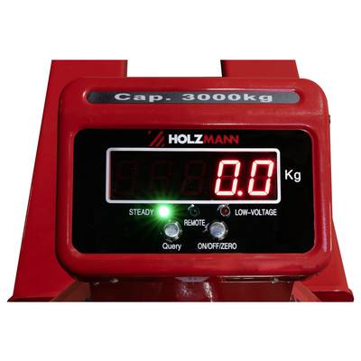 Digitale rote Skaleanzeige auf einer HOLZMANN-Kranwaage mit Anzeige von 0,0 kg, mit STEADY-, REMOTE- und LOW-VOLTAGE-Kontrollleuchten sowie ON/OFF/ZERO-Tasten; Kapazität 3000 kg.