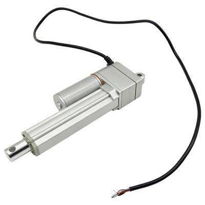 Silberner elektrischer Linearantrieb mit angeschlossenem schwarzem Kabel auf weißem Hintergrund.
