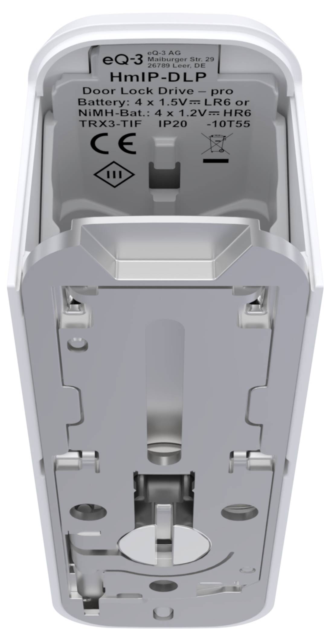 Innenseite eines batteriebetriebenen Türsensormoduls mit der Bezeichnung "Door Lock-Drive" mit sichtbaren Batteriespezifikationen und Befestigungsteilen.