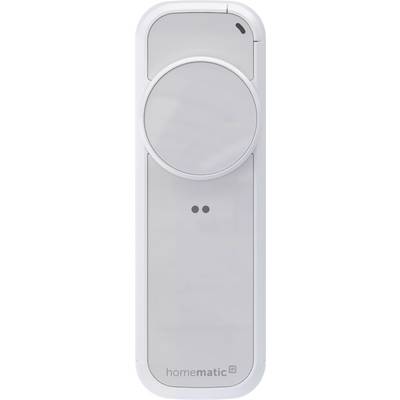 Weiß-farbiger Homematic Wandthermostat oder Steuergerät mit einem großen runden Drehknopf und zwei kleinen Anzeigemarkierungen auf einem hellen Hintergrund.