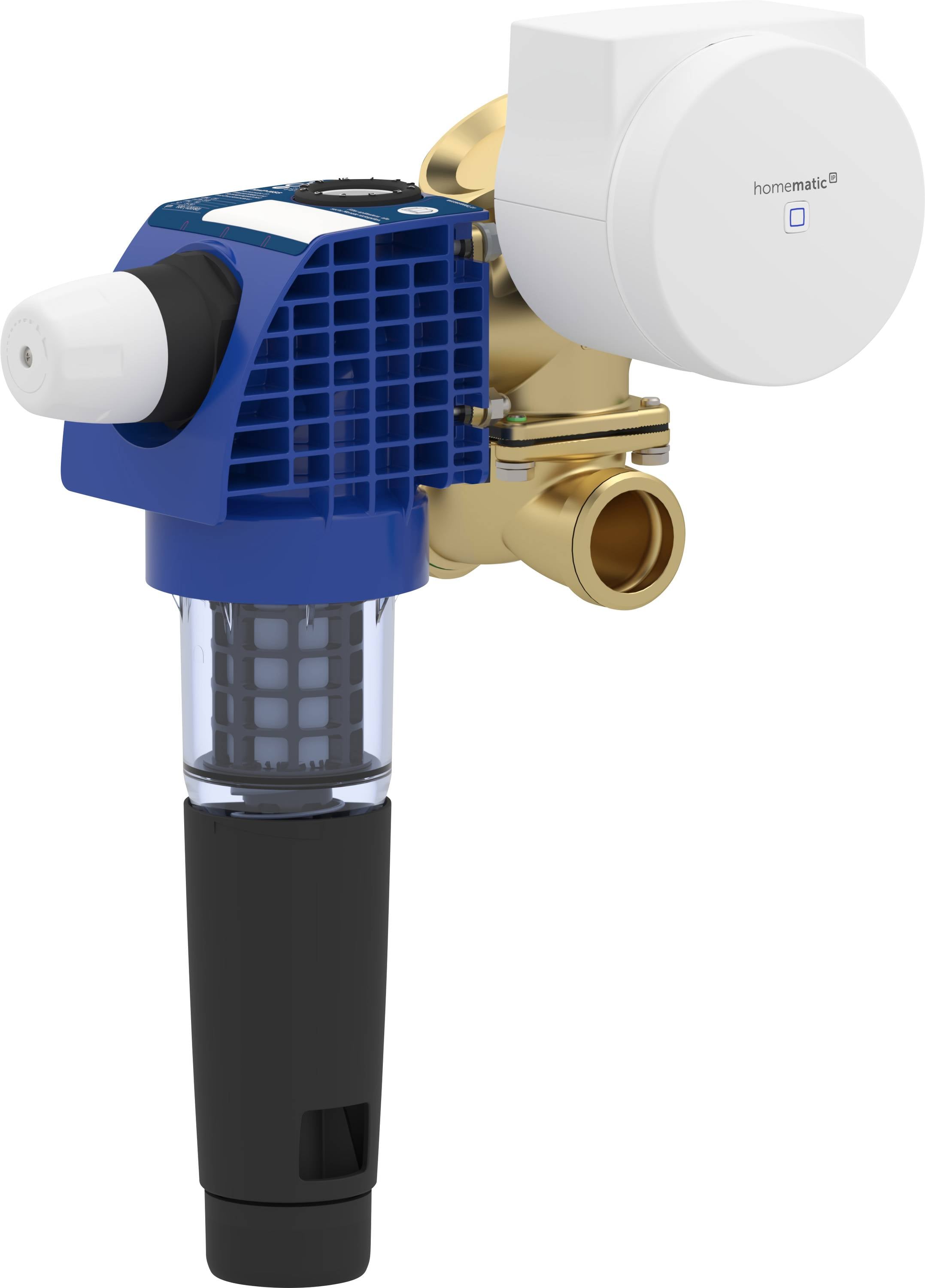 Intelligente, thermostatgesteuerte Ventilbaugruppe mit blauem Gehäuse, Messingarmituren und einem transparenten Filterabschnitt auf weißem Hintergrund.