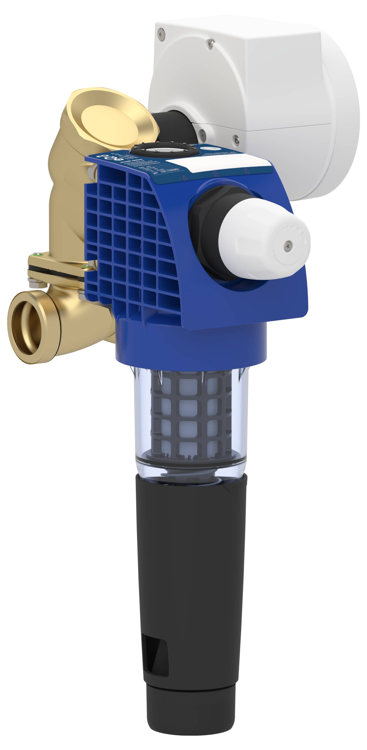 3D-Rendering einer blauen und messingfarbenen Rohrleitungsfilter- oder Ventilbaugruppe mit einer transparenten Schmutzfangkammer und schwarzem unteren Gehäuse, dargestellt auf weißem Hintergrund.