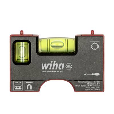 Schwarze Wiha-Wasserwaage mit drei Libellen und roten Endkappen, die das Wiha-Logo und den Text „Tools that work for you" zeigen.