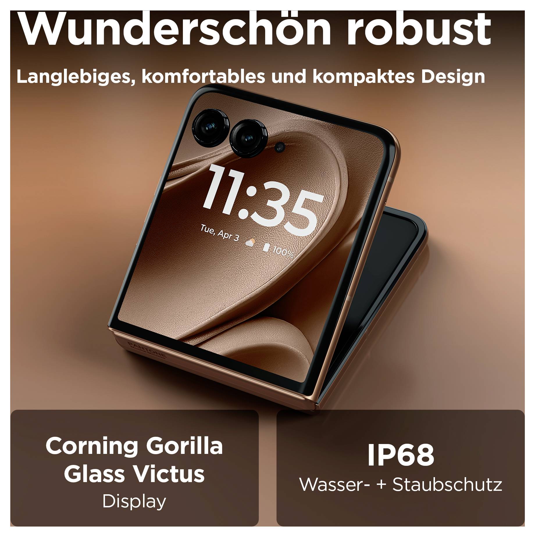 Anzeige für ein faltbares Telefon mit Doppelkameras, zeigt "Wunderschön robust" und Behauptungen eines langlebigen, kompakten Designs, Corning Gorilla Glass Victus und IP68 Wasser- und Staubschutz.