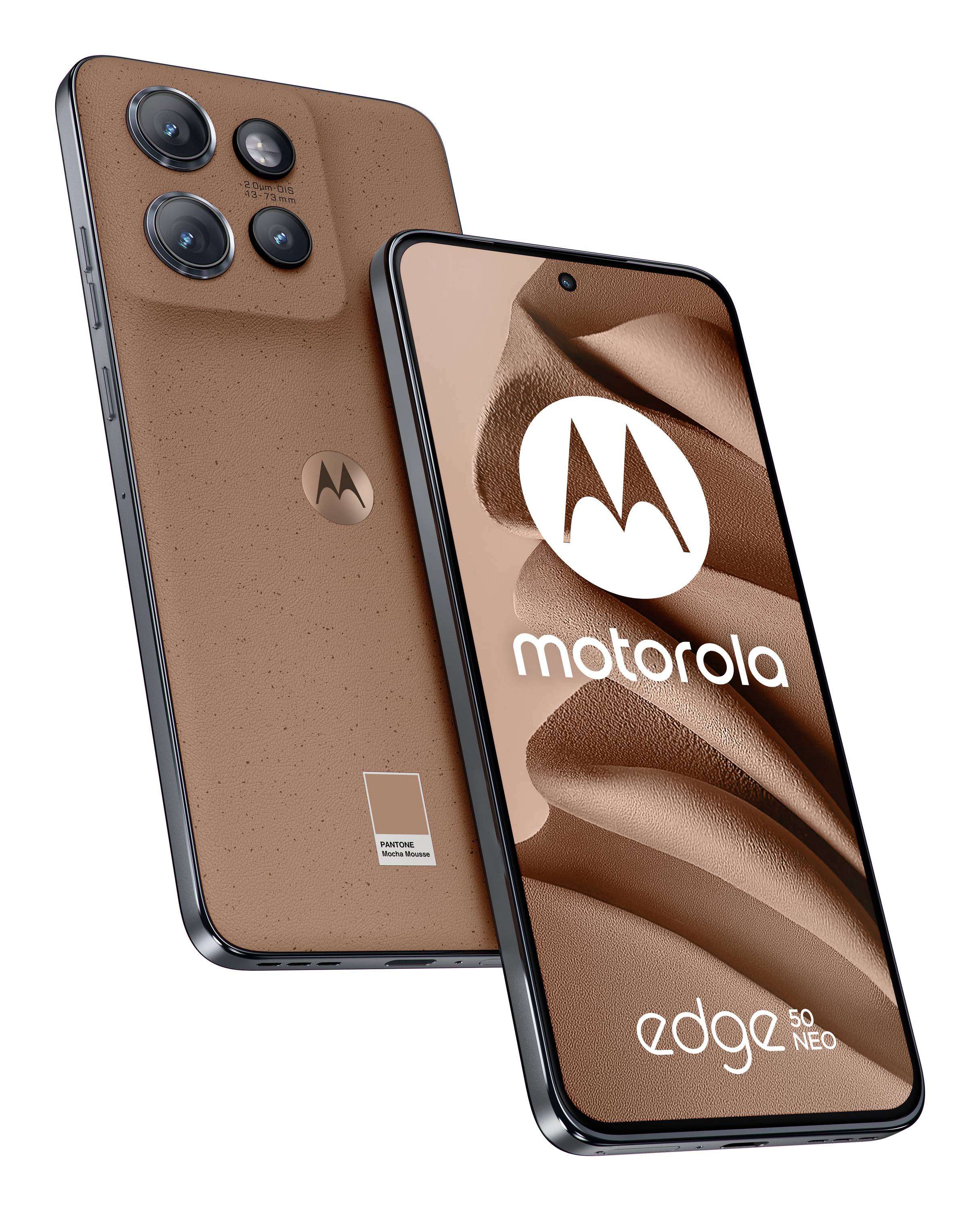 Zwei Motorola Edge 50 Neo Smartphones, von vorne und hinten in Braun gezeigt, wobei das vordere Display das Motorola-Logo und die Markenbezeichnung „edge 50 neo" zeigt.