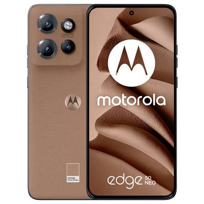 Motorola Edge 50 Neo Smartphone von vorne und hinten in Braun gezeigt, mit Triple-Rückkameras und Motorola-Branding auf dem Bildschirm und der Rückseite.