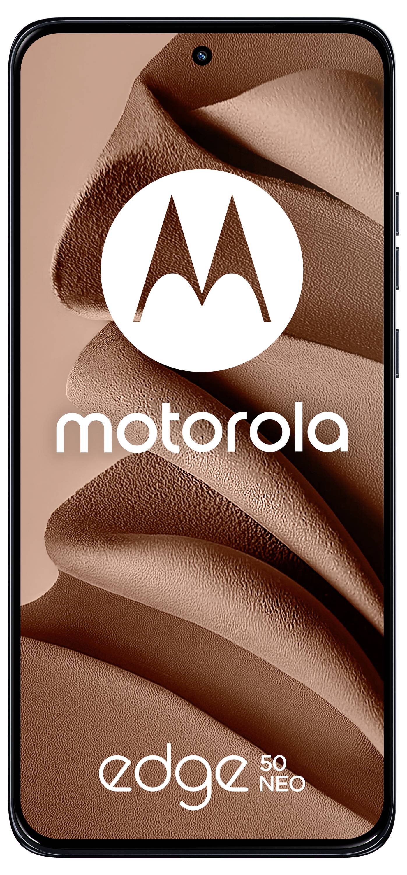 Motorola Edge 50 Neo Smartphone Vorderansicht mit braunem abstraktem Hintergrund und Motorola-Logo auf dem Bildschirm.