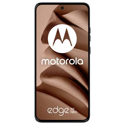 Motorola Edge 50 Neo Smartphone Vorderansicht mit braunem abstraktem Hintergrund und Motorola-Logo auf dem Bildschirm.