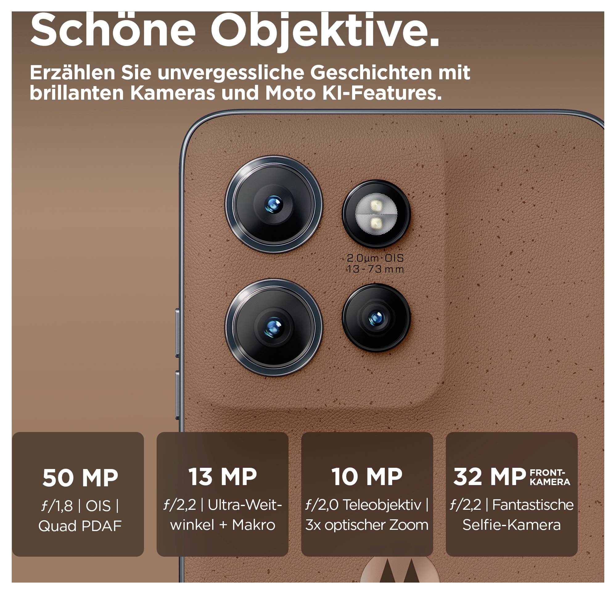 Deutsches Smartphone-Kamera-Anzeige mit einem Kameramodul auf der Rückseite und vier Spezifikationen: 50 MP, 13 MP Ultraweitwinkel, 10 MP Teleobjektiv mit 3x Zoom und 32 MP Frontkamera.