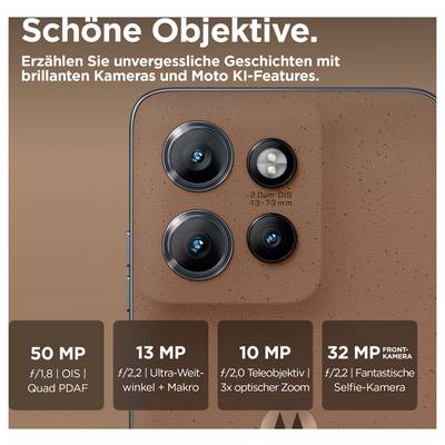 Deutsches Smartphone-Kamera-Anzeige mit einem Kameramodul auf der Rückseite und vier Spezifikationen: 50 MP, 13 MP Ultraweitwinkel, 10 MP Teleobjektiv mit 3x Zoom und 32 MP Frontkamera.