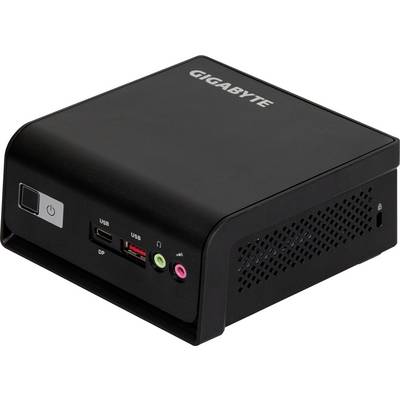 Schwarzer Gigabyte Mini-PC mit frontaler Einschalttaste, USB-C, USB-A, Kopfhörer- und Mikrofonbuchsen sowie seitlicher Belüftung.