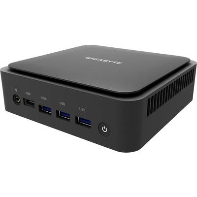 Kompakter GIGABYTE Mini-PC mit Frontschalter, Audiobuchse, USB-A- und USB-C-Anschlüssen in einem schwarzen Gehäuse.