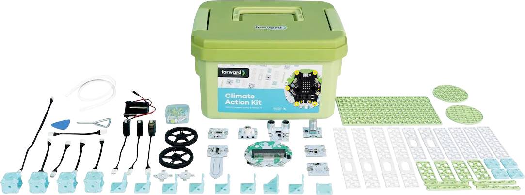 Climate Action Kit mit grünem Aufbewahrungskoffer und verschiedenen Robotik-Komponenten, einschließlich Sensoren, Motoren, Räder, Kabel und Bauelementen, die zum Zusammenbau ausgelegt sind.