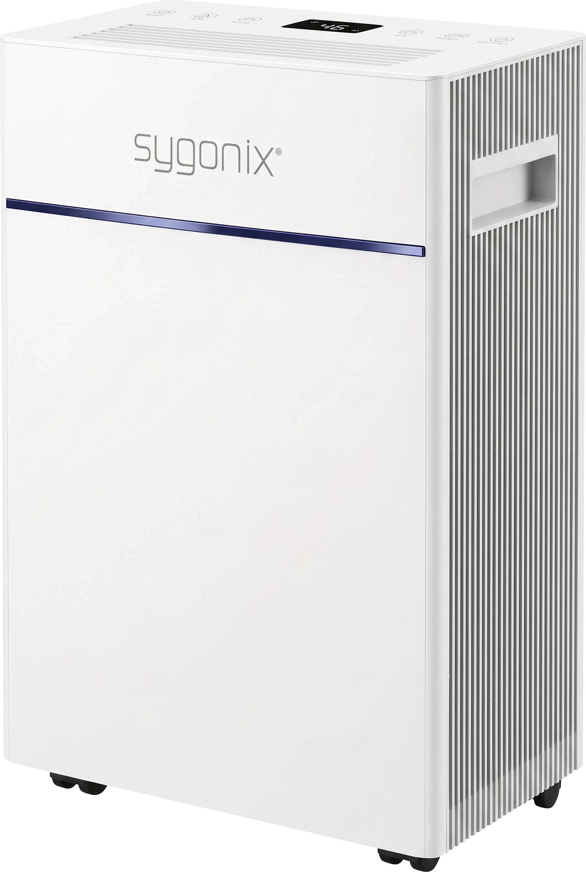 Weißes Syngonix-Gerät, wahrscheinlich ein tragbarer Luftreiniger oder Luftentfeuchter, mit frontalem Logo, schmaler blauer Akzentlinie und Griffen mit Seitenlüftungsöffnungen.