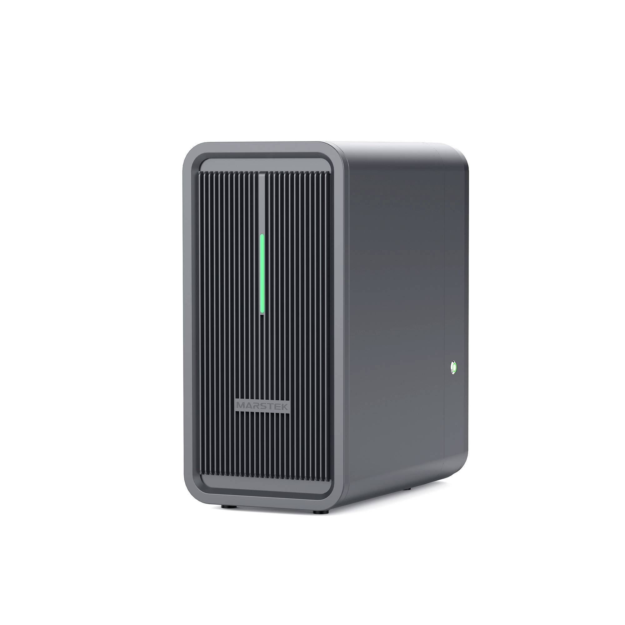 Ein schlanker schwarzer Desktop-Computer-Tower mit einem vertikalen grünen Lichtstreifen an der Vorderseite und einem kleinen beleuchteten Logo an der Seite.