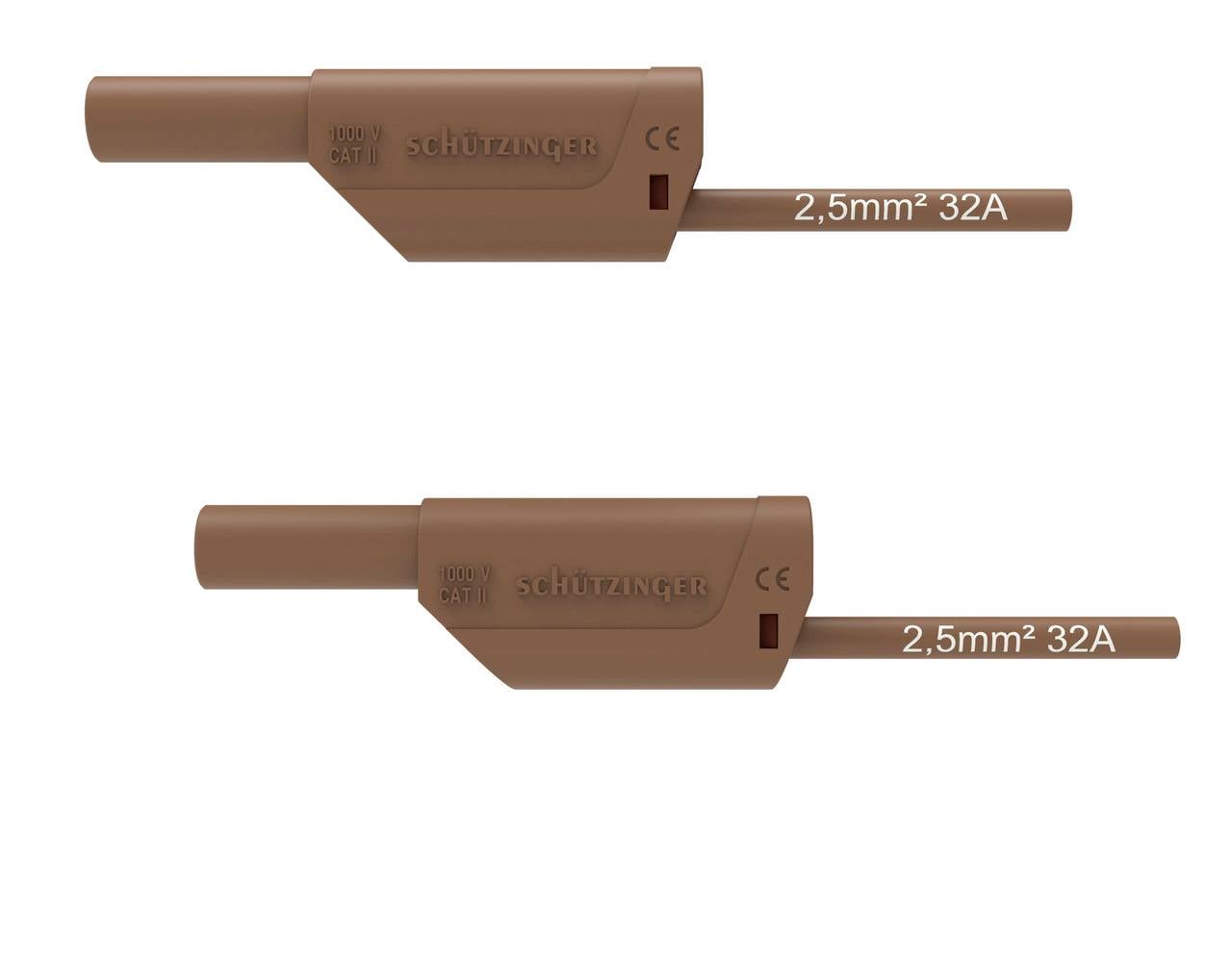 Zwei braune Stecker-Schutzabdeckungen in Seitenansicht, jeweils mit der Beschriftung „2,5mm² 32A".