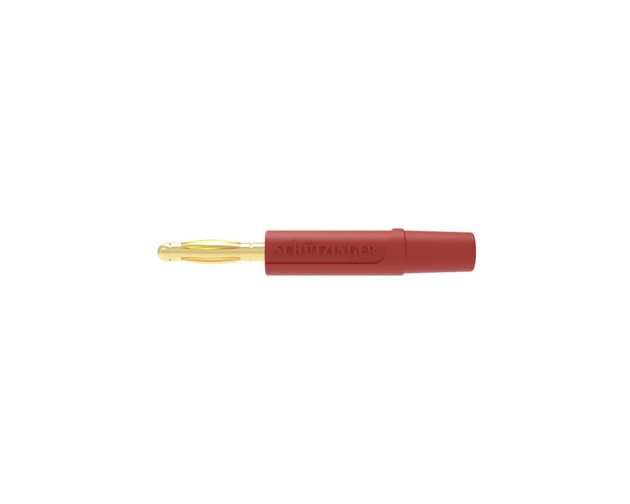 Roter isolierter Elektrostecker mit transparentem goldenem Stift auf weißem Hintergrund.